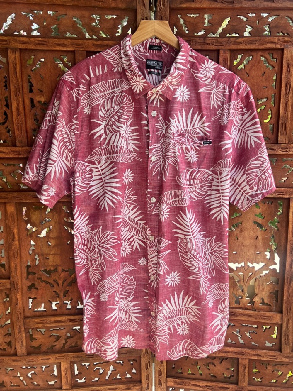 O'Neill Maroon and White Tropical Print Button-Down Classic Fit Shirt